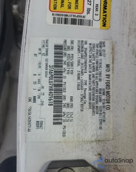 2017 Ford Fusion Se Hybrid from USA, damaged, VIN 3FA6P0LU7HR409618